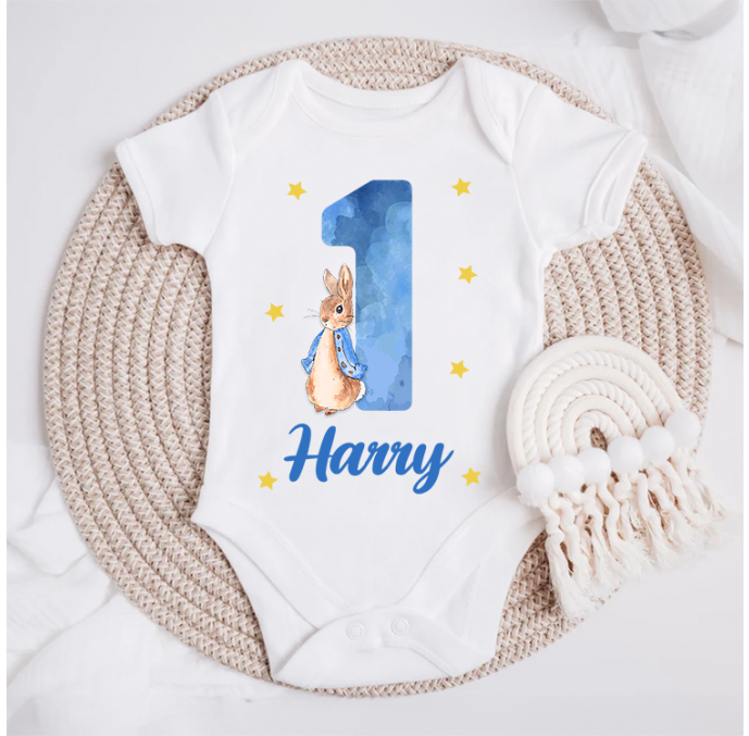 Personalised Blue Rabbit First Birthday Baby Grow