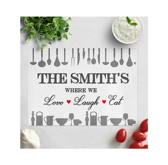 Personalised Where We Love Laugh Eat Chopping Board