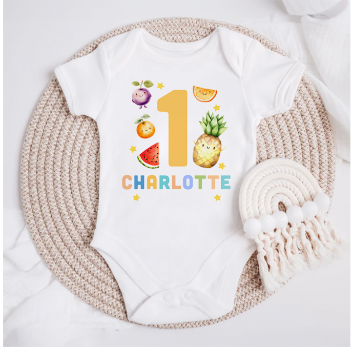 Personalised Dancing Fruits First Birthday Baby Grow