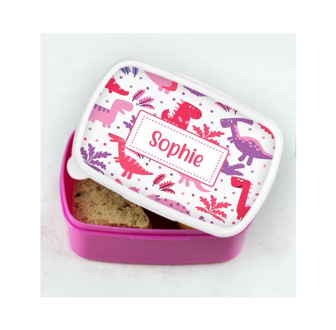 Personalised Dinosaurs Pink Lunch Box
