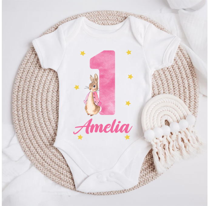 Personalised Pink Rabbit First Birthday Baby Grow